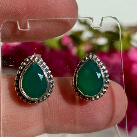Green Chalcedony decorative faceted teardrop stud earrings KEGJ1068 - Nature's Magick