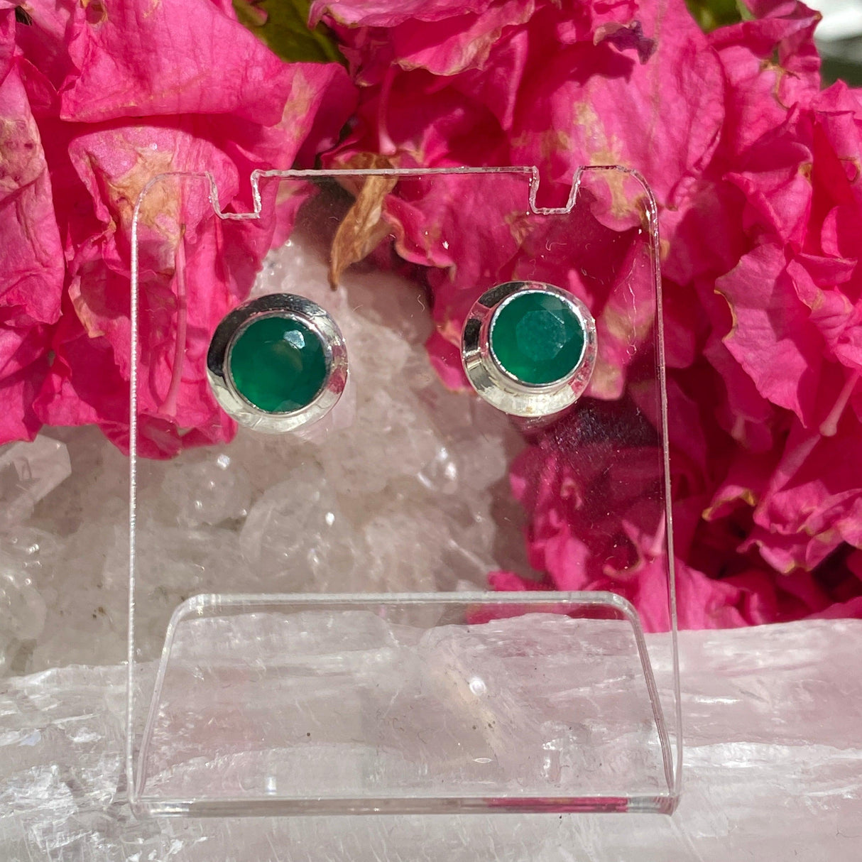 Green Chalcedony round faceted stud earrings KEGJ1089 - Nature's Magick