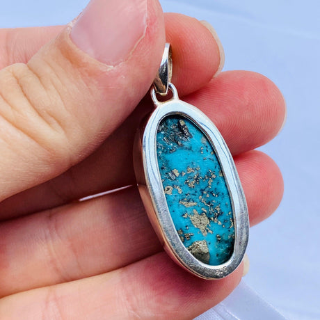 Iranian Turquoise with Pyrite oval cabochon pendant KPGJ1654 - Nature's Magick