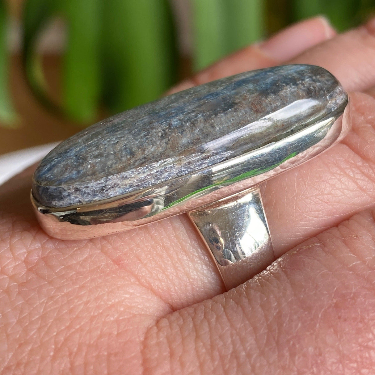 Kyanite and clear quartz long oval cabochon ring s.9 KRGJ1585 - Nature's Magick