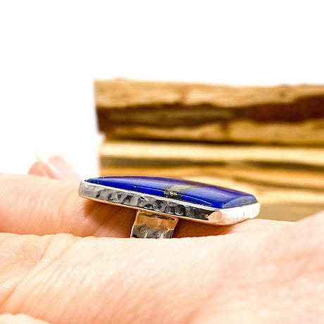 Lapis Lazuli from Chile Square Cabochon Ring with Hammered Band Size 8 KRGJ1431 - Nature's Magick