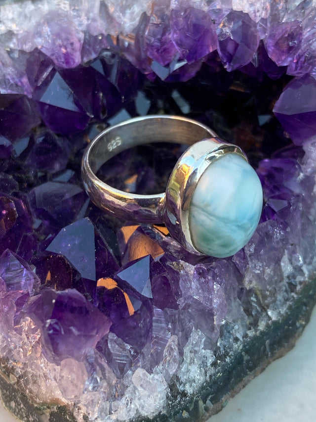 Larimar oval cabochon ring s6 SSGJ32 - Nature's Magick