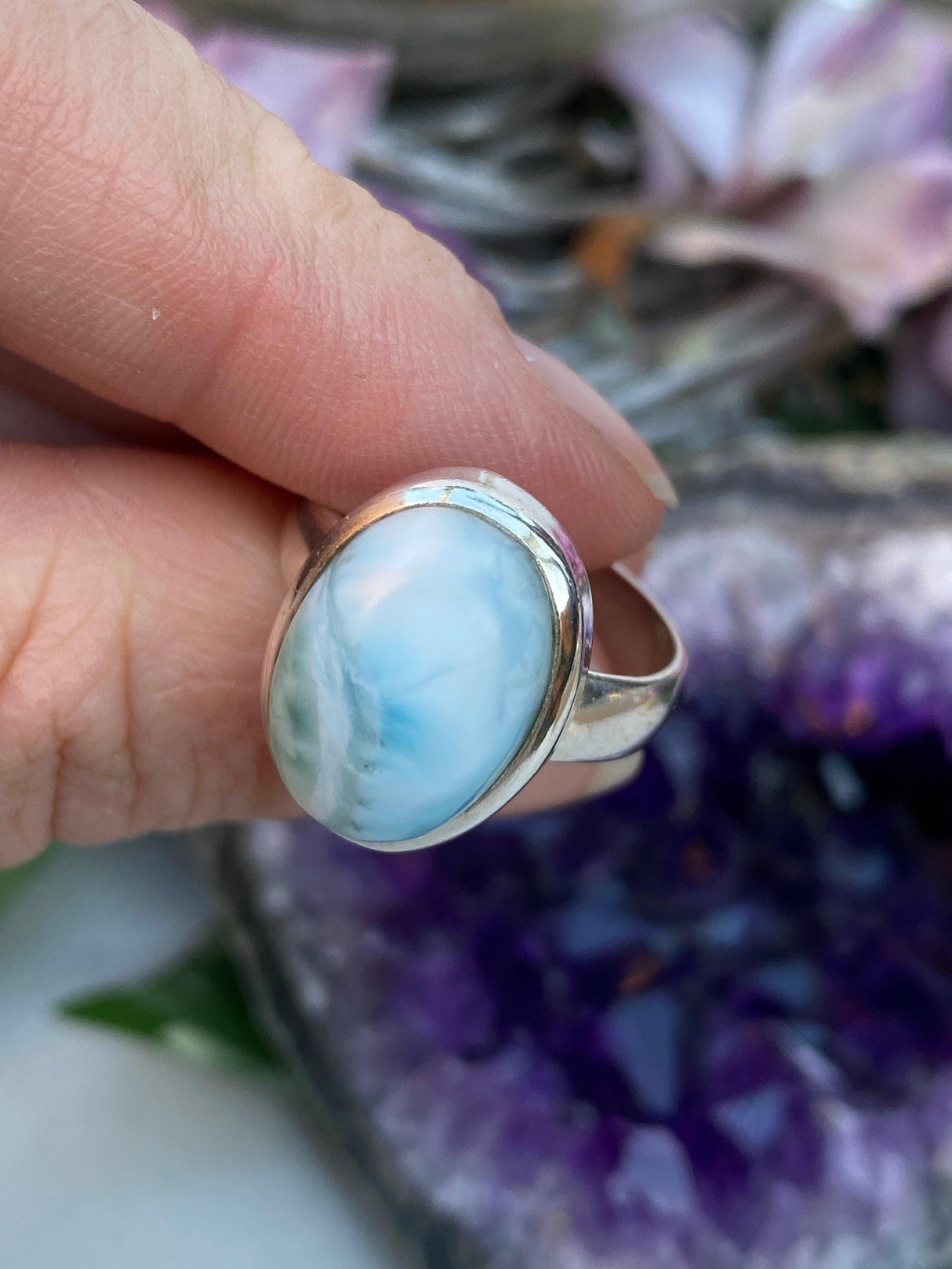 Larimar oval cabochon ring s6 SSGJ32 - Nature's Magick