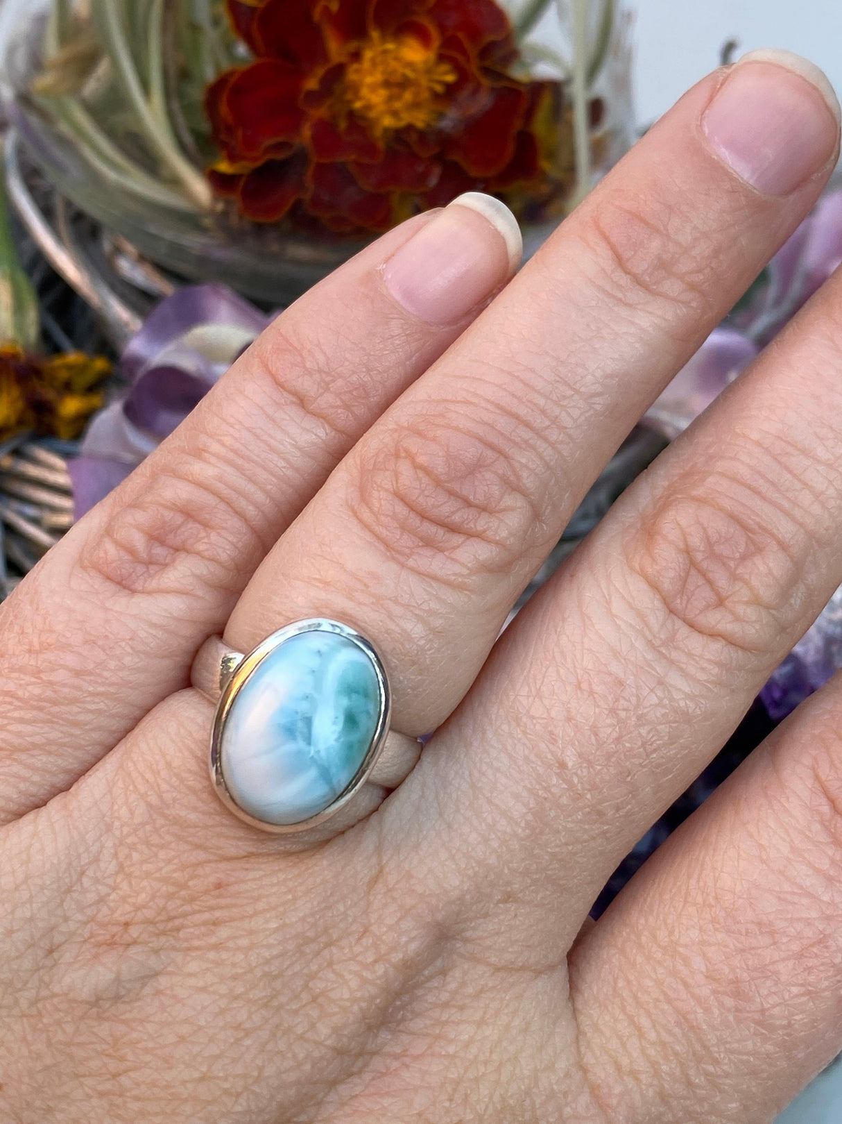 Larimar oval cabochon ring s6 SSGJ32 - Nature's Magick