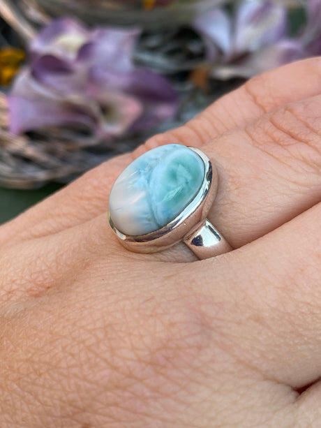 Larimar oval cabochon ring s6 SSGJ32 - Nature's Magick