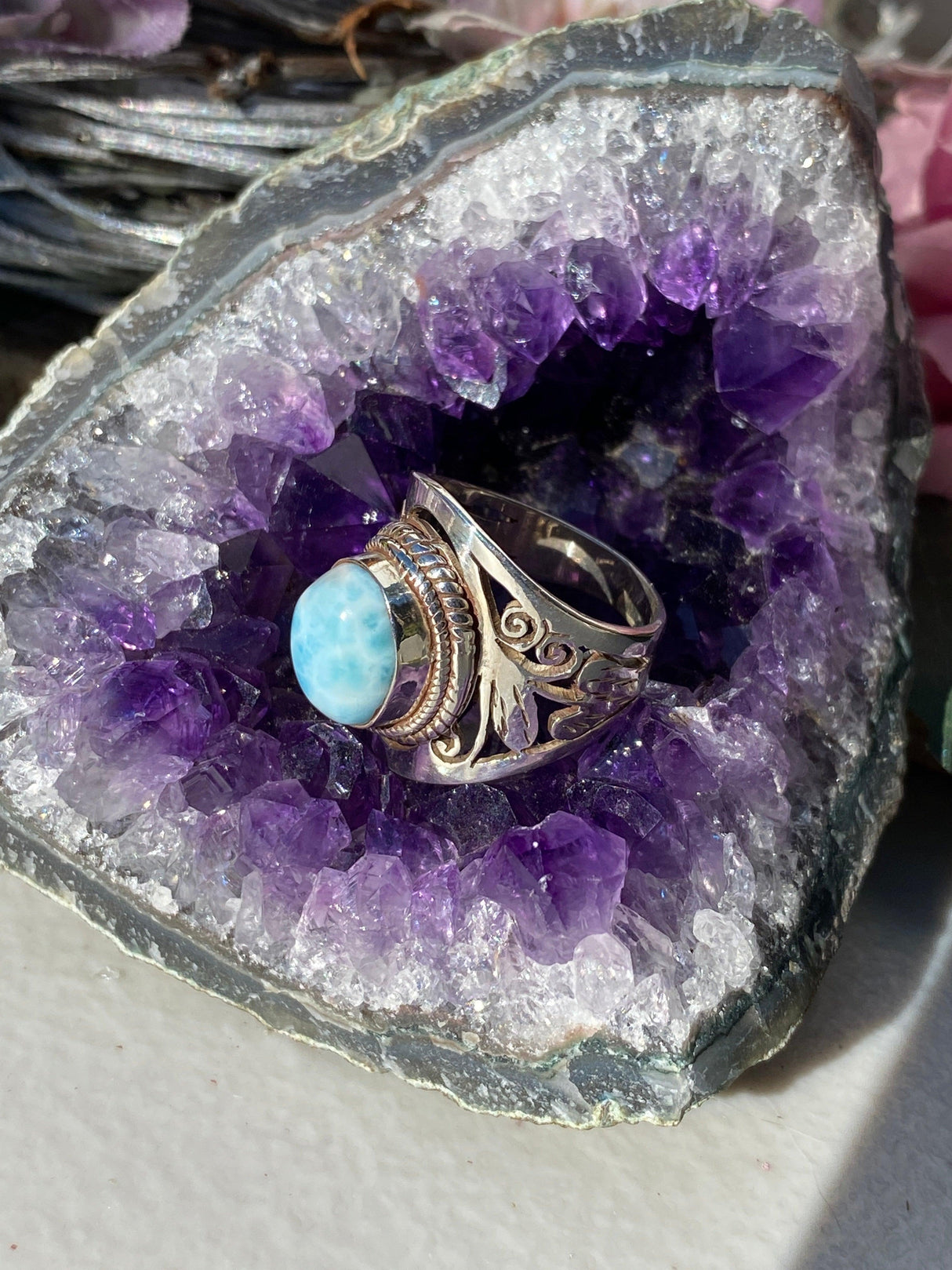 Larimar oval cabochon ring with detailed banding s6 KRGJ243 - Nature's Magick