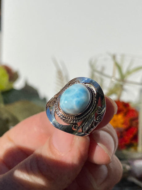 Larimar oval cabochon ring with detailed banding s6 KRGJ243 - Nature's Magick