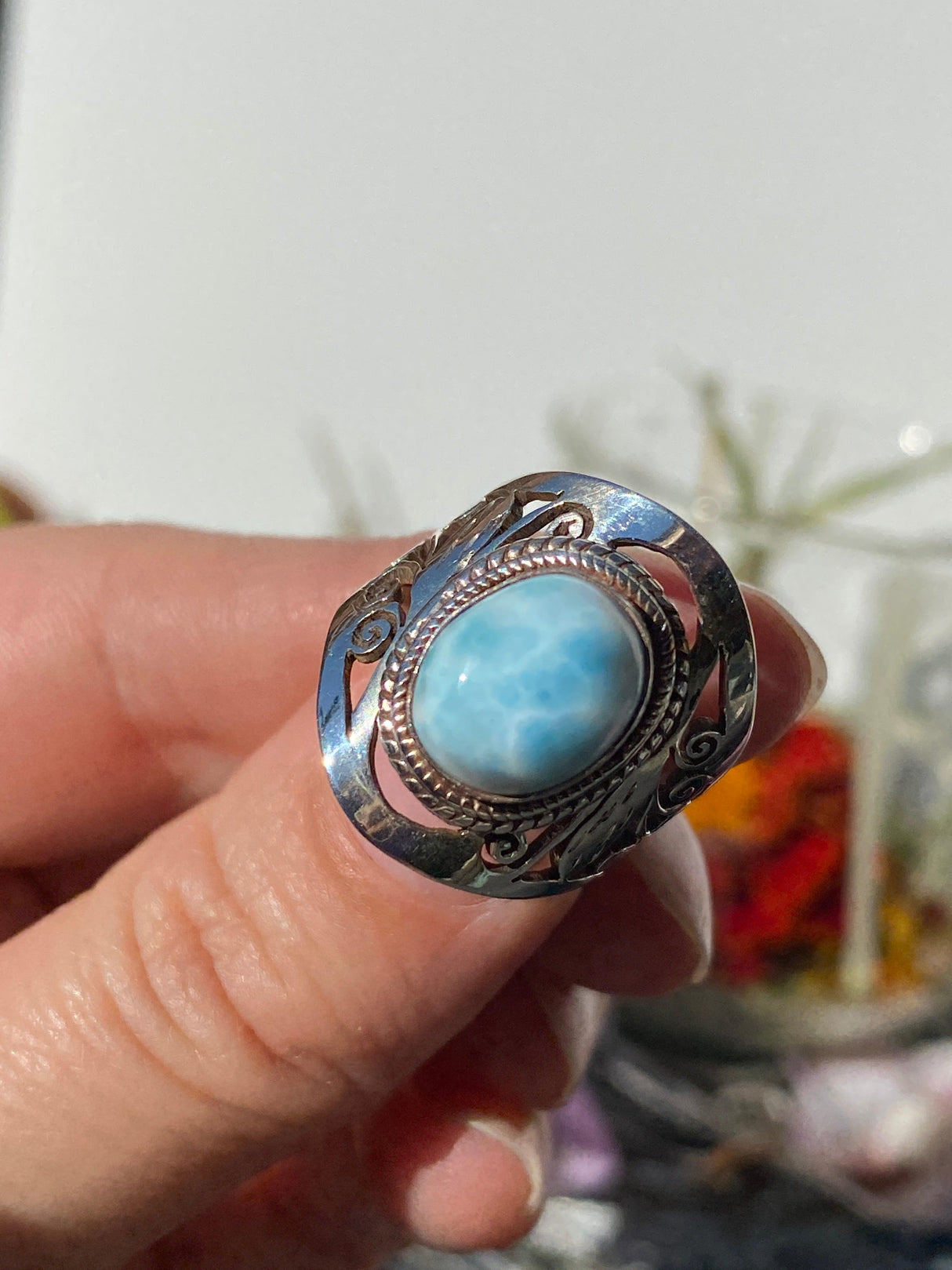 Larimar oval cabochon ring with detailed banding s6 KRGJ243 - Nature's Magick