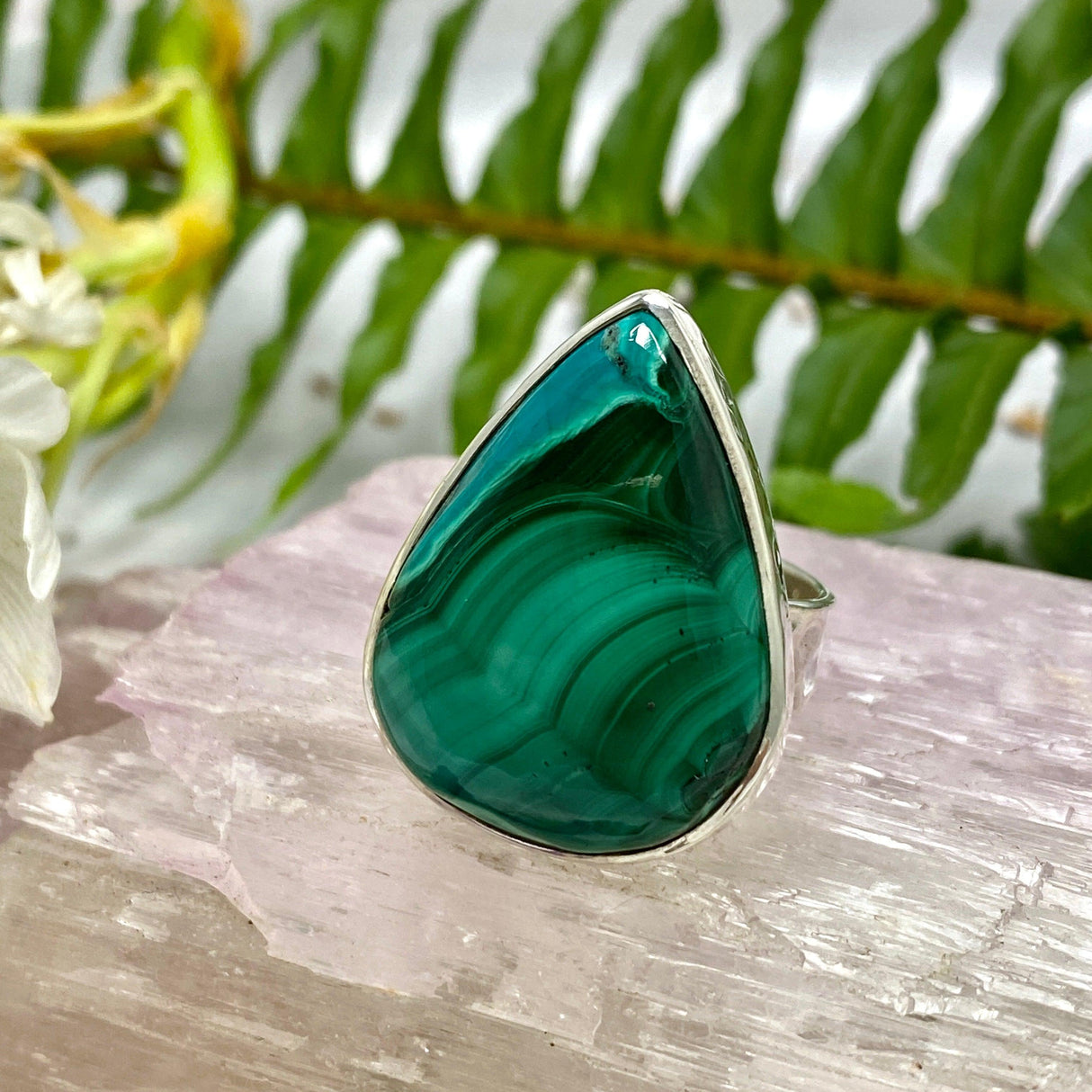 Malacholla teardrop cabochon ring with beaten band s.7 KRGJ1701 - Nature's Magick