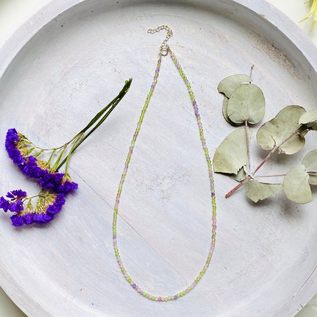 Micro Bead Necklace - Amethyst, Peridot and Lepidocrocite in Quartz - Nature's Magick