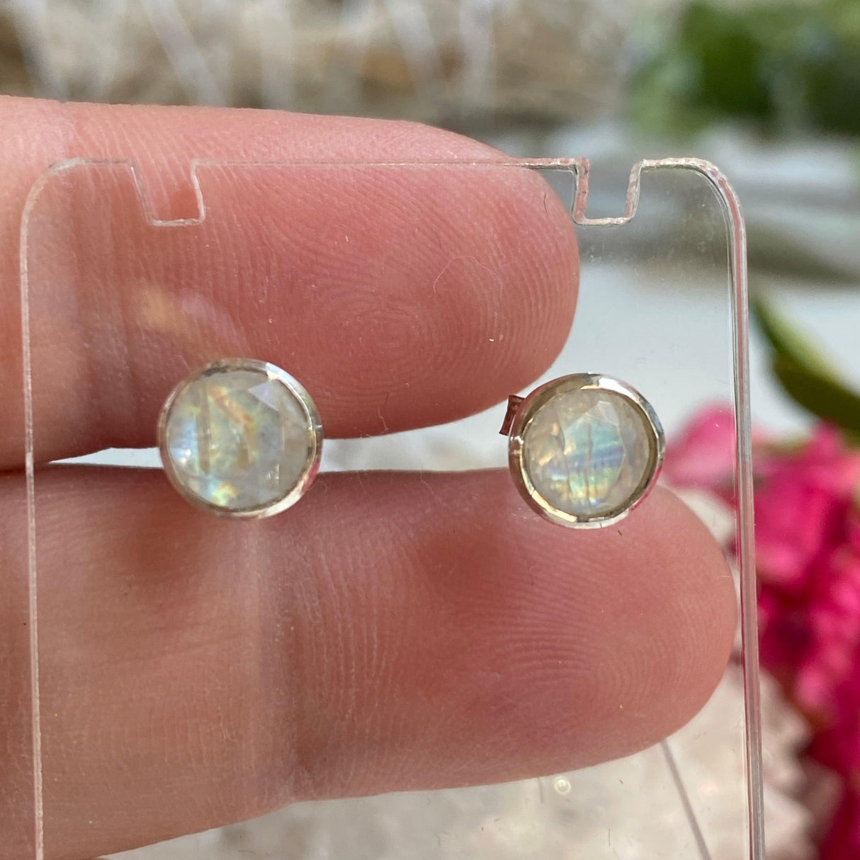 Moonstone round faceted stud earrings KEGJ831 - Nature's Magick