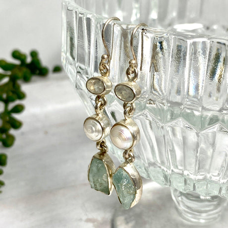 Pearl and Aquamarine multi-stone earrings KEGJ840 - Nature's Magick