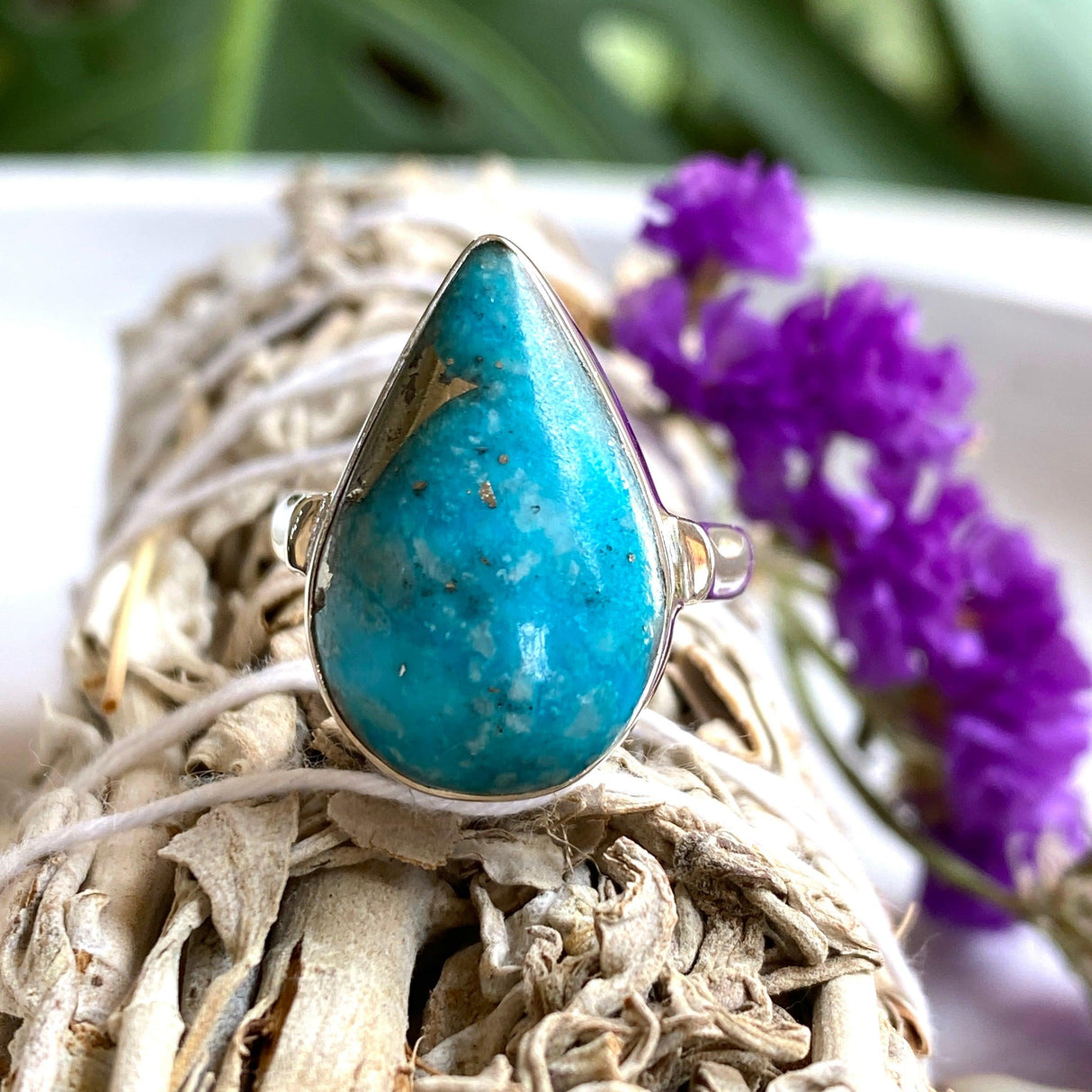 Persian Turqoise with pyrite teardrop ring s.9 KRGJ2522 - Nature's Magick