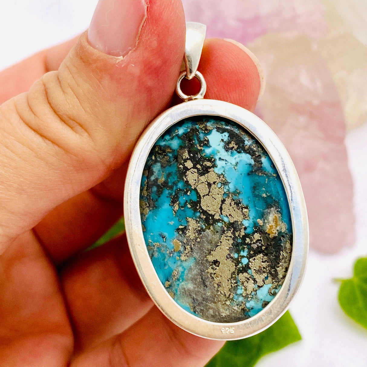 Persian turquoise with Pyrite oval cabochon pendant KPGJ1712 - Nature's Magick