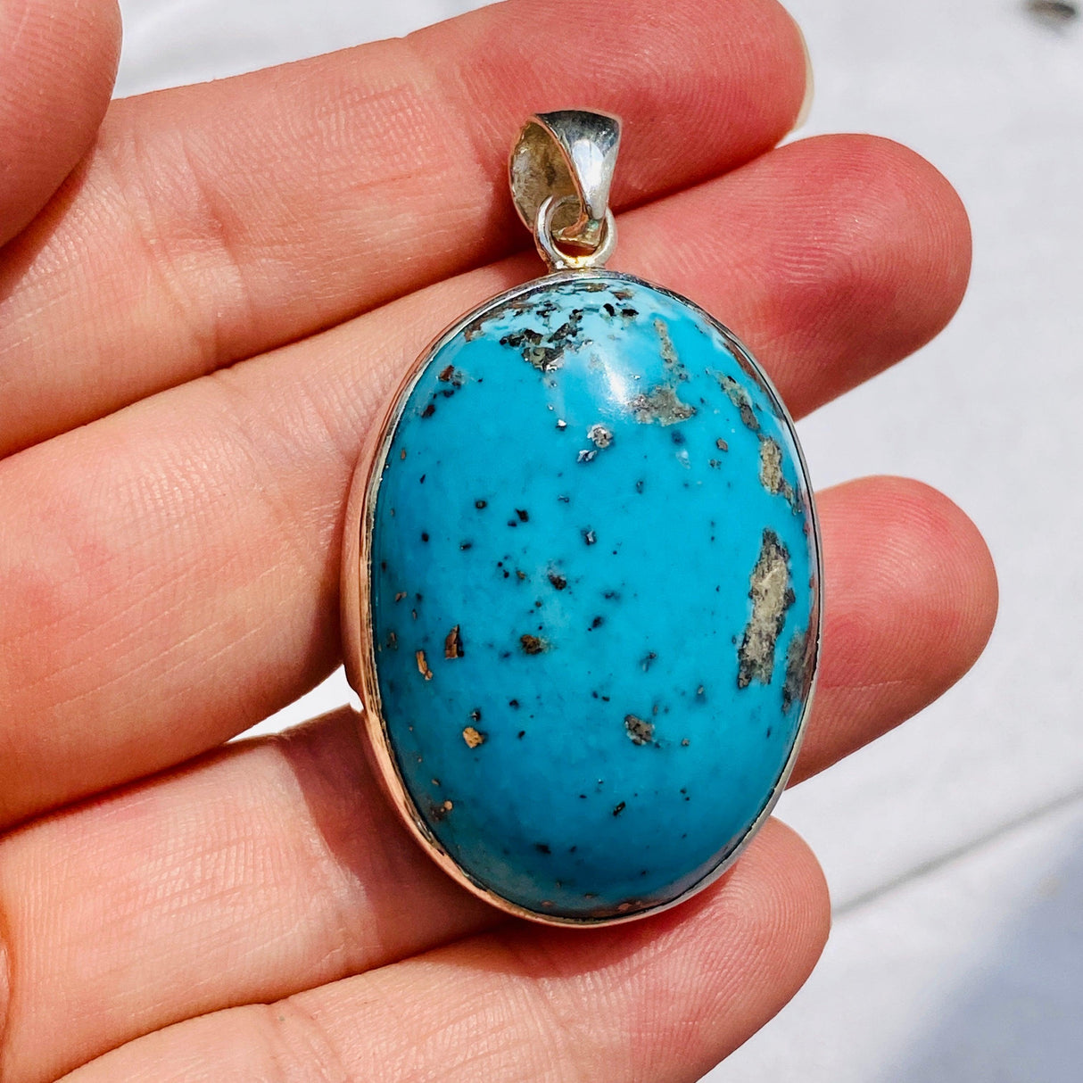 Persian turquoise with Pyrite oval cabochon pendant KPGJ1712 - Nature's Magick