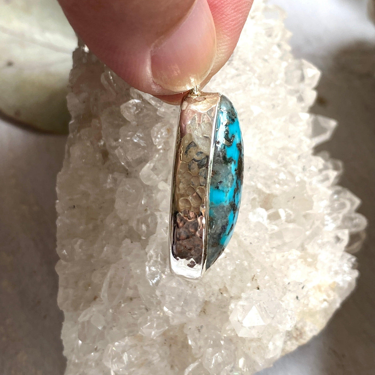 Persian turquoise with pyrite oval pendant KPGJ3193 - Nature's Magick