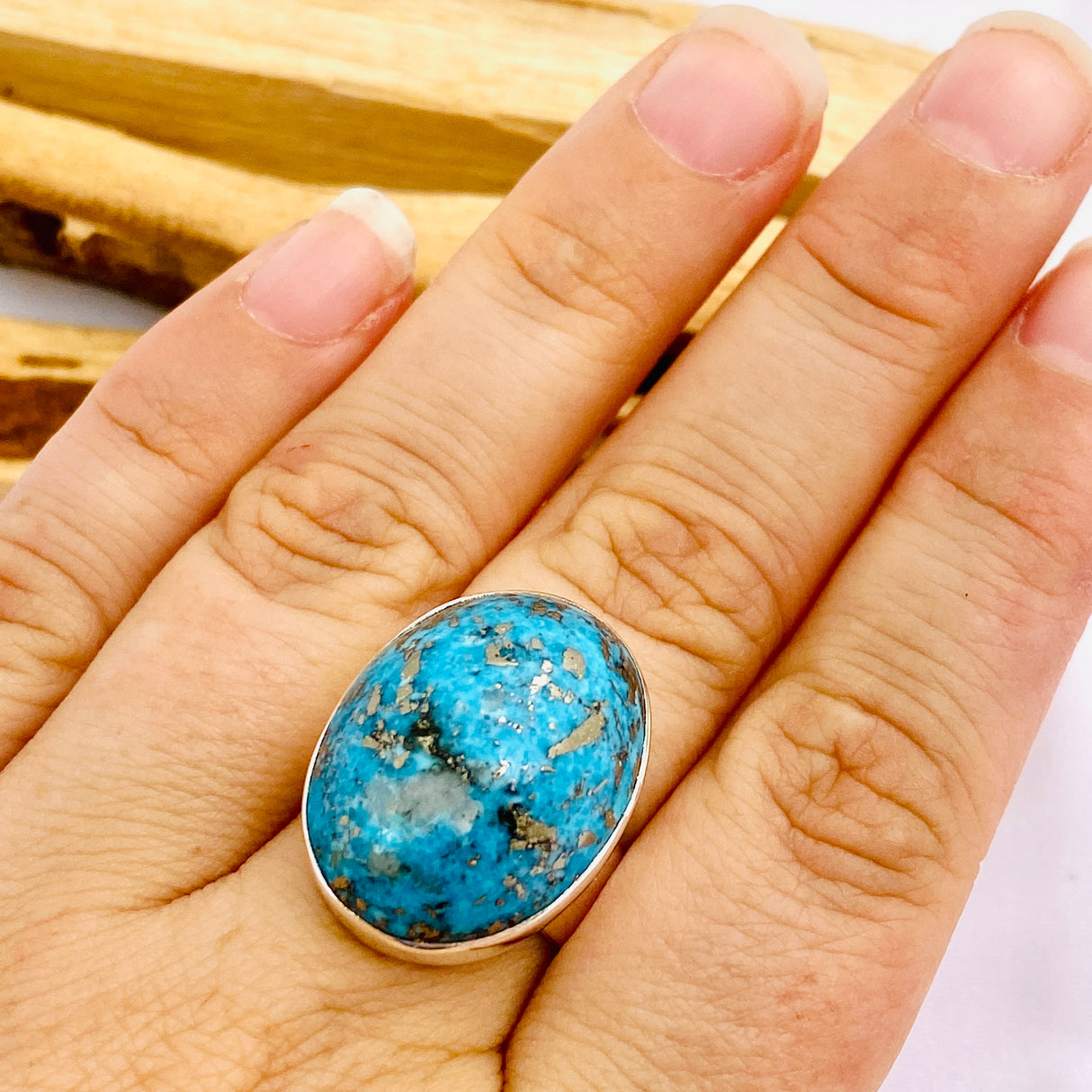 Persian Turquoise with Pyrite oval ring s.9 KRGJ1273 - Nature's Magick