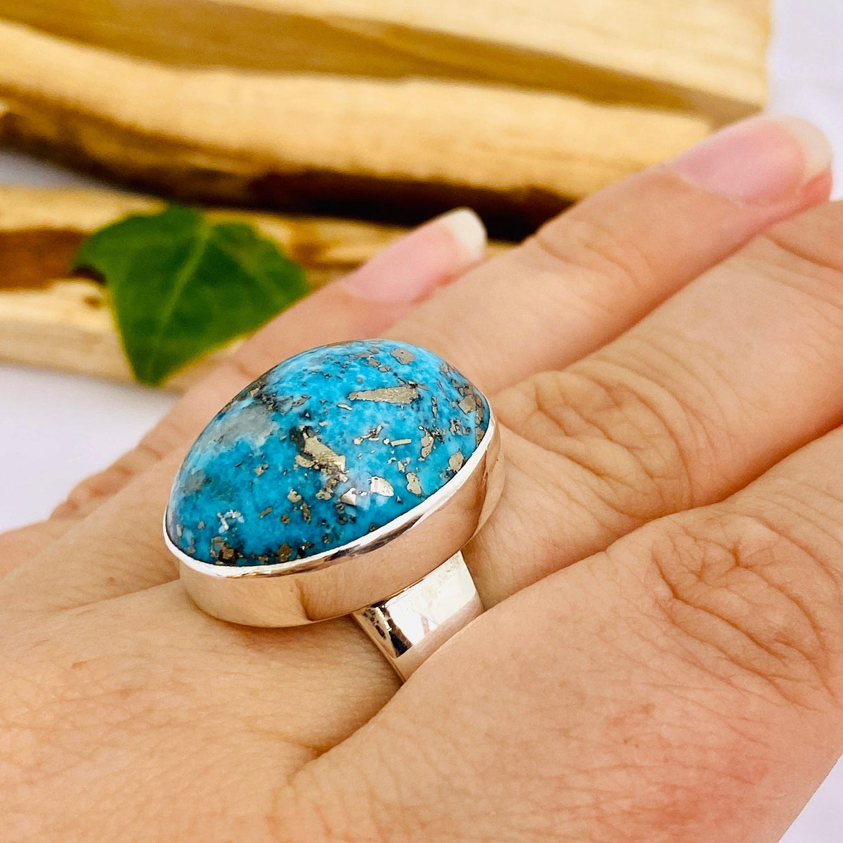Persian Turquoise with Pyrite oval ring s.9 KRGJ1273 - Nature's Magick