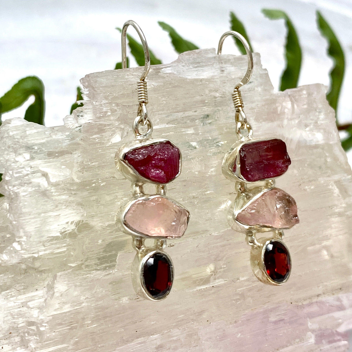 Pink Tourmaline, Rose Quartz and Garnet multi stone earrings KEGJ1155 - Nature's Magick