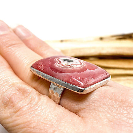 Rhodochrosite rectangular cabochon ring with beaten band s.11 KRGJ1226 - Nature's Magick