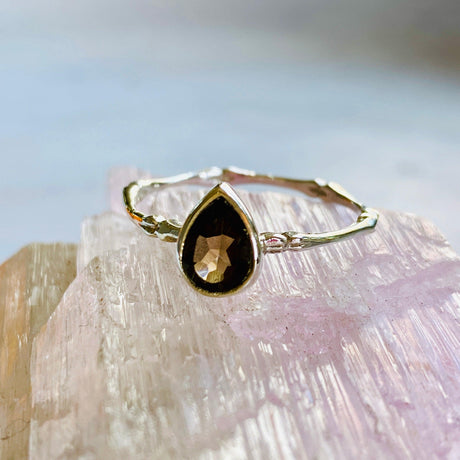 Smokey Quartz Teardrop Faceted Fine Band Ring R3691-SQ - Nature's Magick