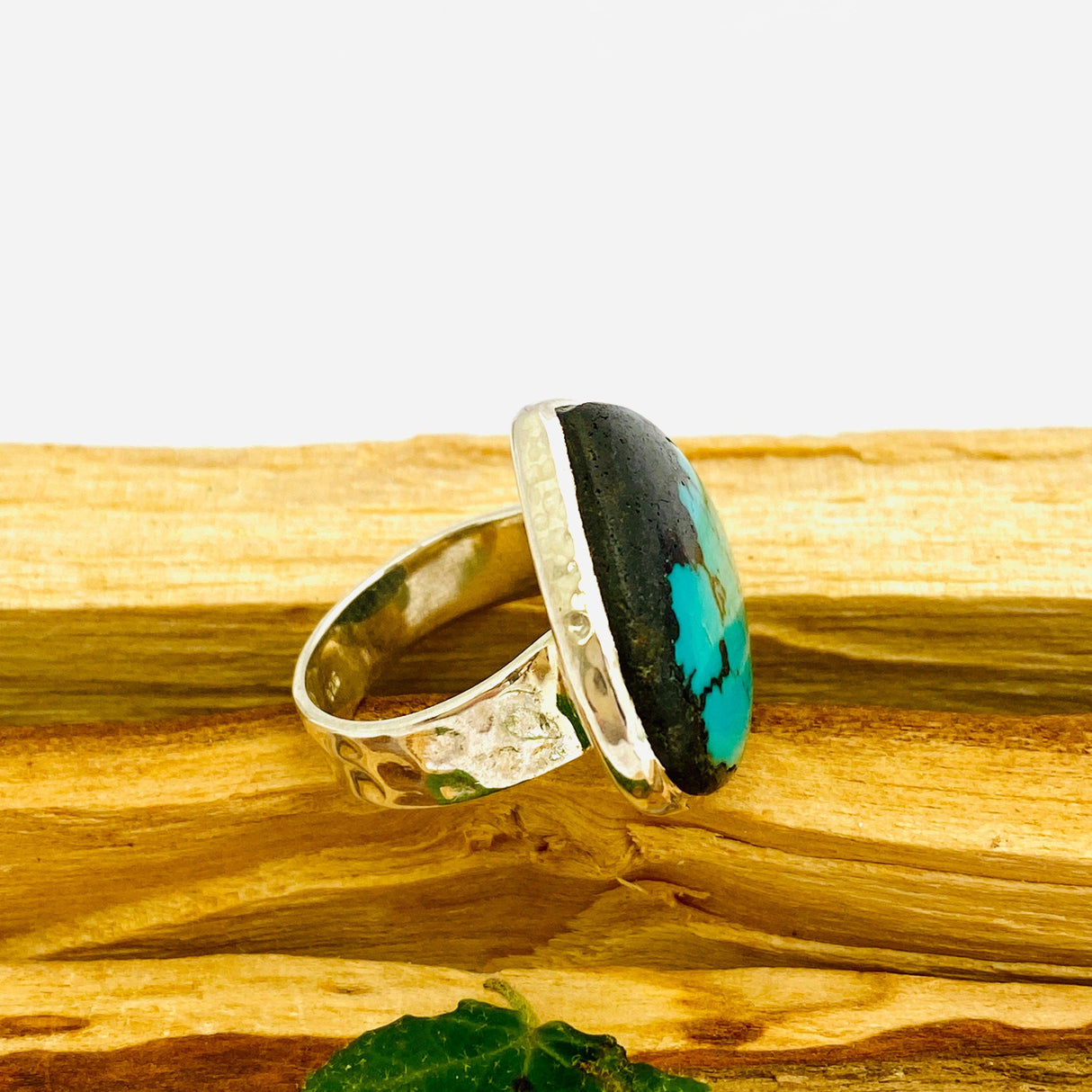 Tibetan Turquoise cabochon teardrop ring with beaten band s. 6.5 KRGJ1166 - Nature's Magick