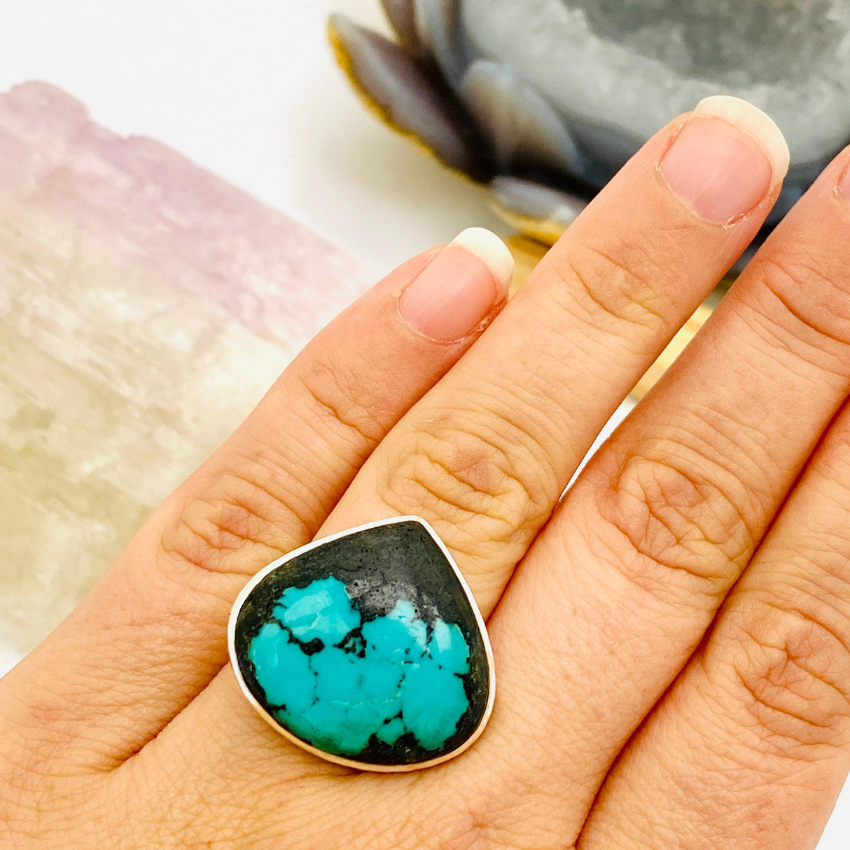 Tibetan Turquoise cabochon teardrop ring with beaten band s. 6.5 KRGJ1166 - Nature's Magick