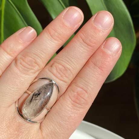 Tourmaline in quartz cabochon teardrop ring s.7 KRGJ1864 - Nature's Magick