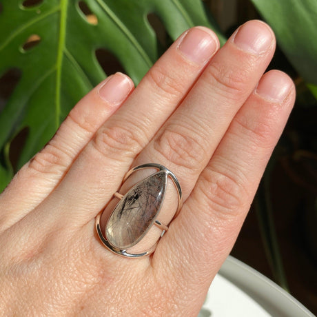 Tourmaline in quartz cabochon teardrop ring s.7 KRGJ1864 - Nature's Magick