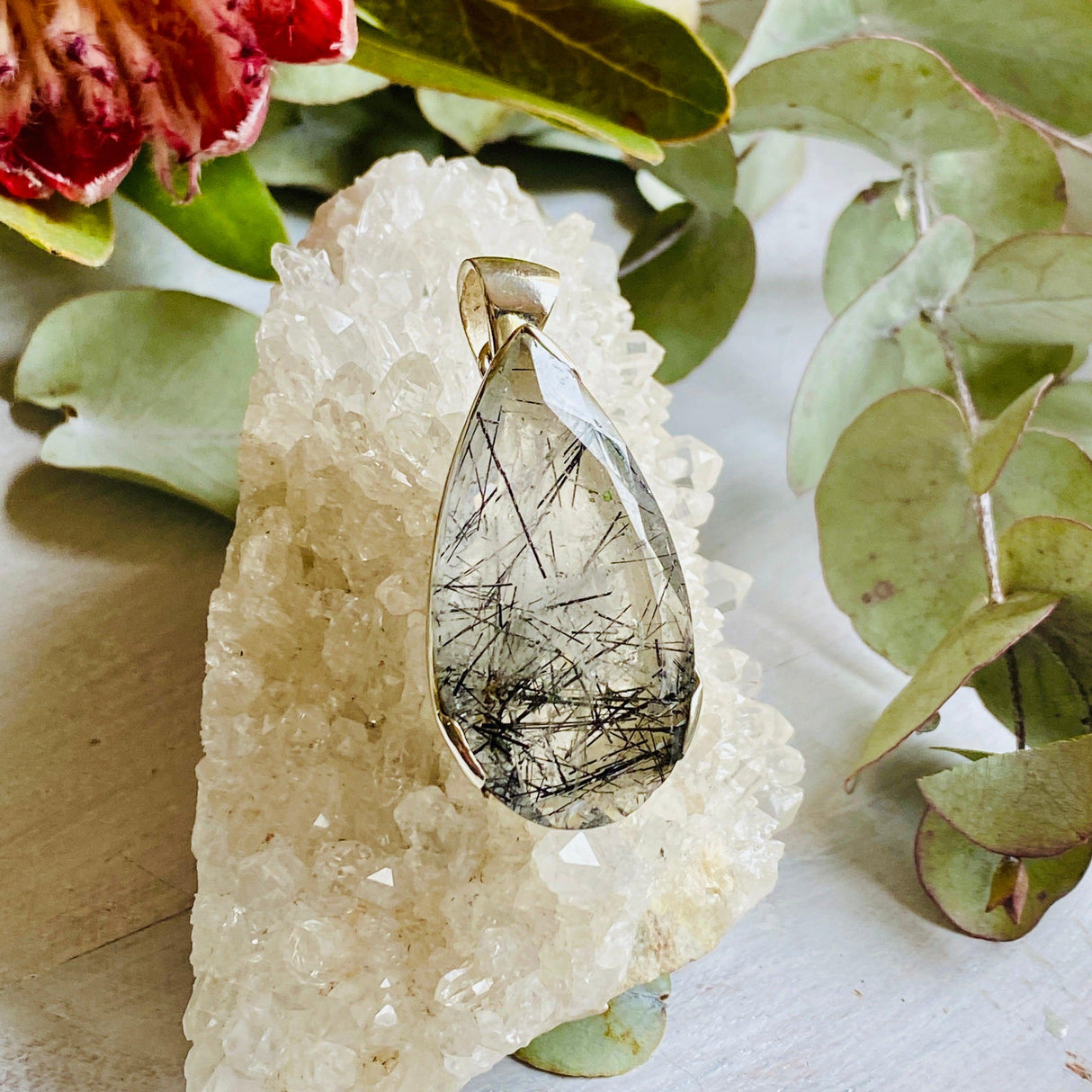 Tourmaline in quartz faceted teardrop pendant KPGJ2446 - Nature's Magick