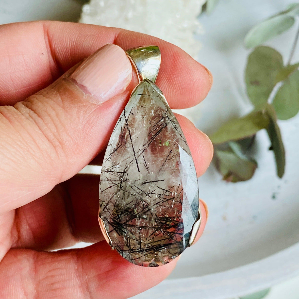 Tourmaline in quartz faceted teardrop pendant KPGJ2446 - Nature's Magick