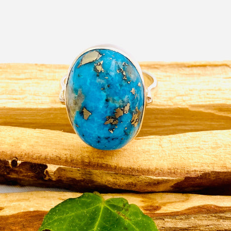 Turquoise and Pyrite oval cabochon ring s.9.25 KRGJ174 - Nature's Magick