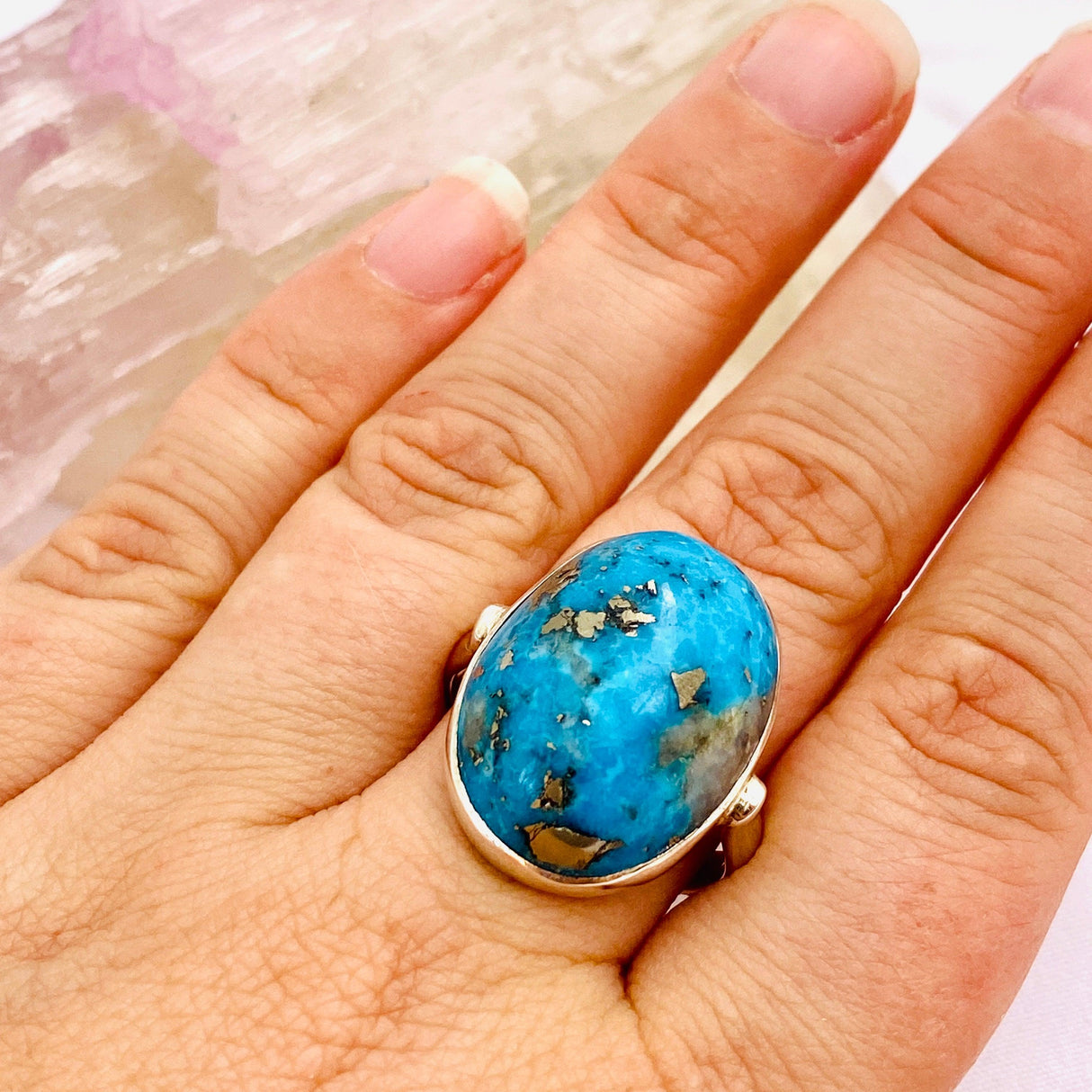 Turquoise and Pyrite oval cabochon ring s.9.25 KRGJ174 - Nature's Magick