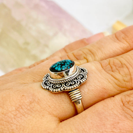 Turquoise oval cabochon ring with detailed setting s.8.5 KRGJ168 - Nature's Magick