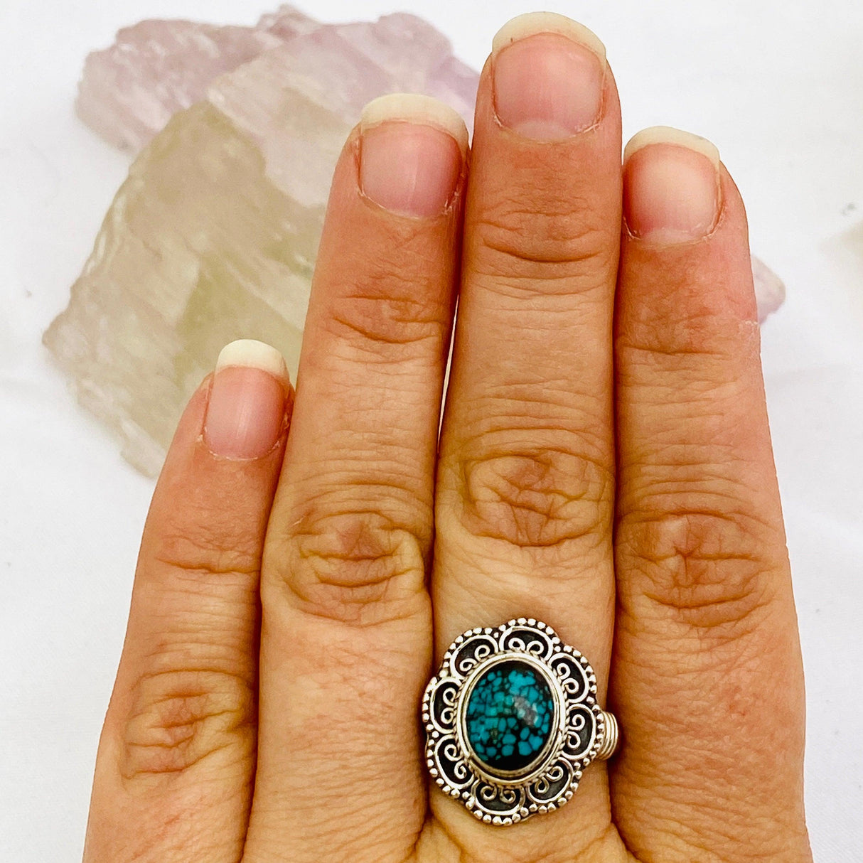 Turquoise oval cabochon ring with detailed setting s.8.5 KRGJ168 - Nature's Magick